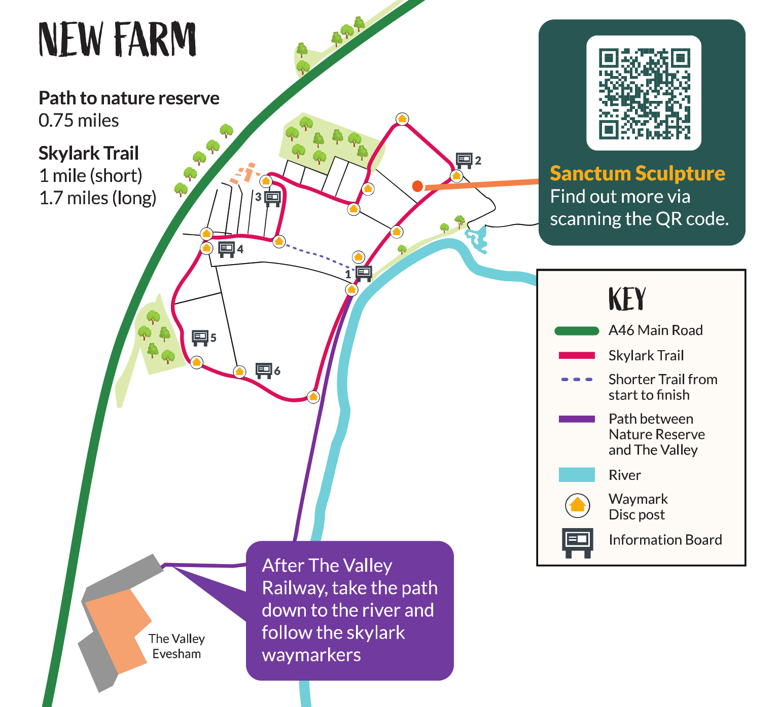 Route map from The Valley to New Farm Nature Reserve