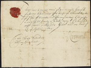 Handwritten order on paper signed by Oliver Cromwell with a red seal in the top left hand corner