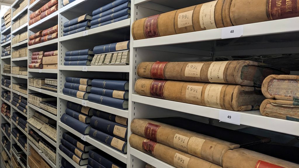 An image of volumes of Magistrate court registers held with us in one of our strong rooms. Magistrate court registers are one of the sets of public records being catalogued during the project. Due to the sensitive personal information that they contain, court records less than 75 years old are closed under the Data Protection Act. Copyright Worcestershire Archives and Archaeology Service.