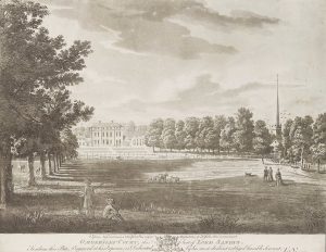 Engraving of a house and grounds with people in the foreground