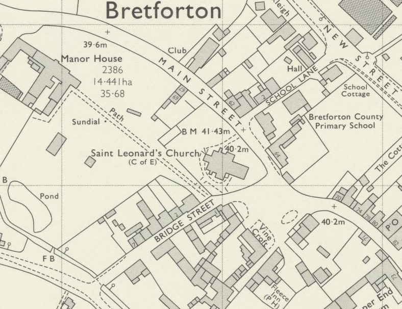 Map of Bretforton village centre with the Fleece Inn labelled along the bottom edge