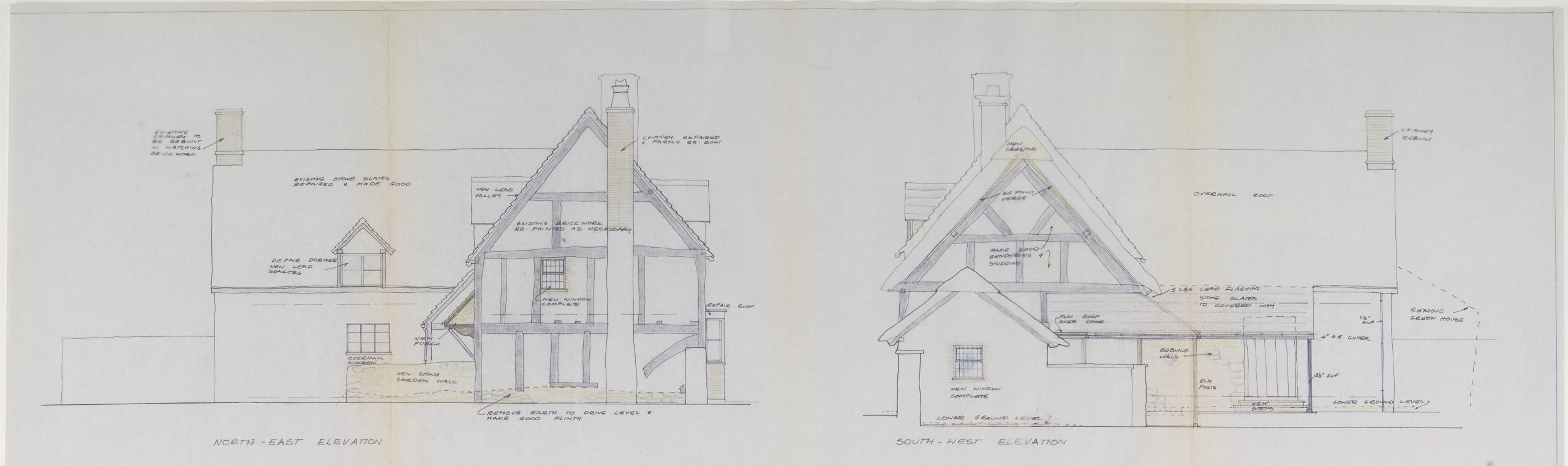 Technical drawings of the framed building annotated with notes of repairs required