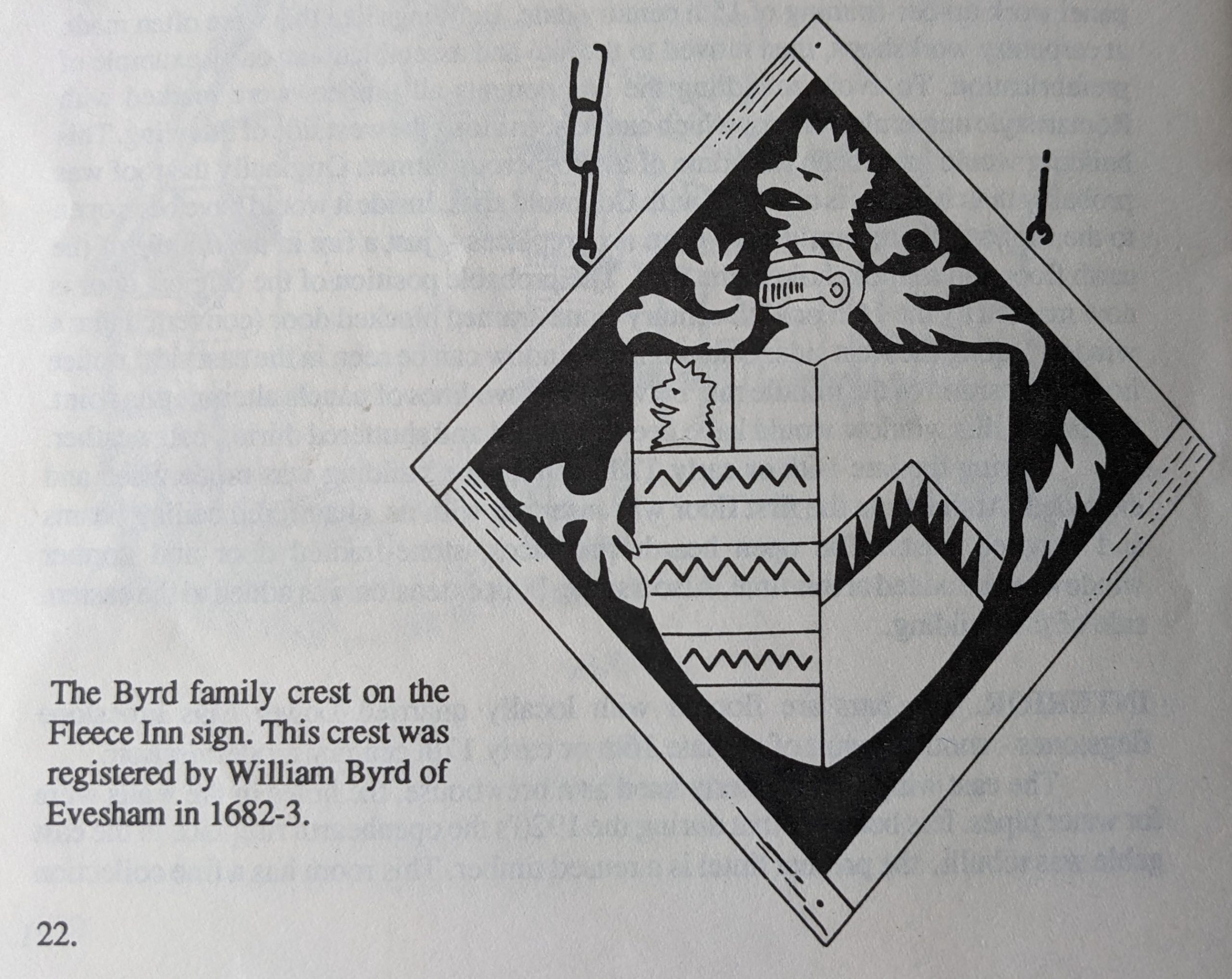 Drawing of a diamond shaped crest containing a shield with animal head above