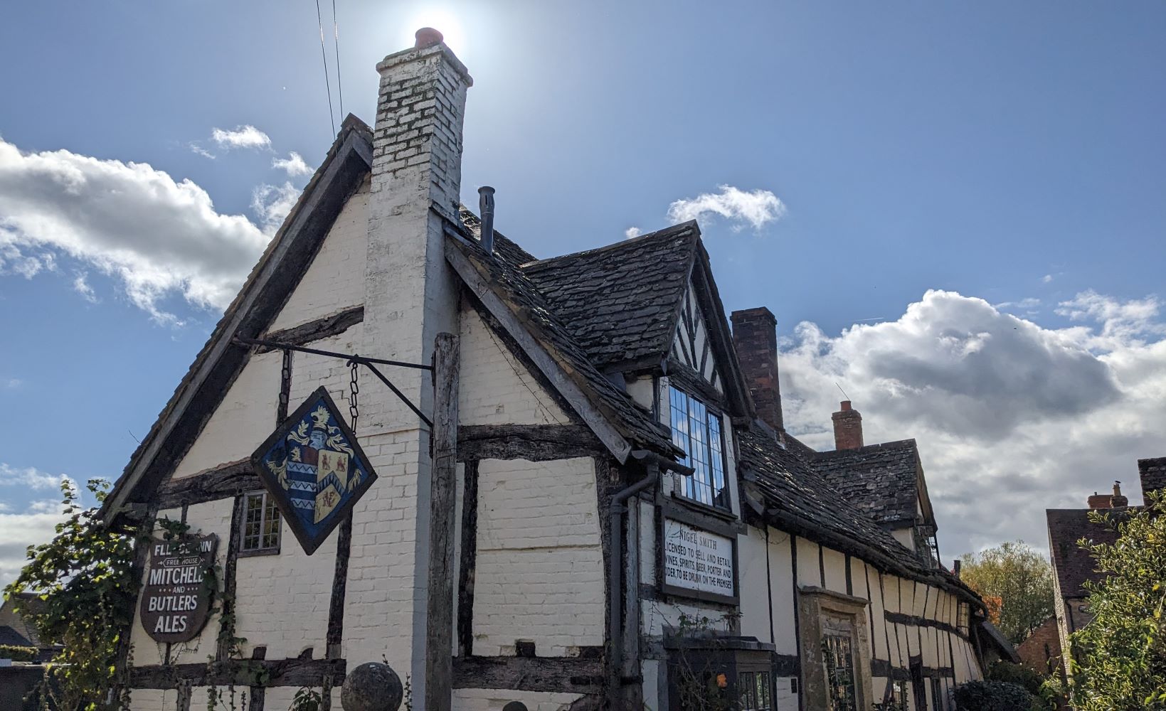 Colour photo of the timber framed pub end on