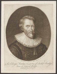 Engraved portrait of a man with moustache and beard dressed with a ruffle around his neck