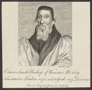 Black and white engraved portrait of a man with beard in robes