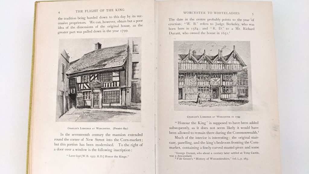 Pages from a book by Allan Fea called ‘Flight of the King’ which shows a picture of the original half-timbered building of King Charles House and the same building today.