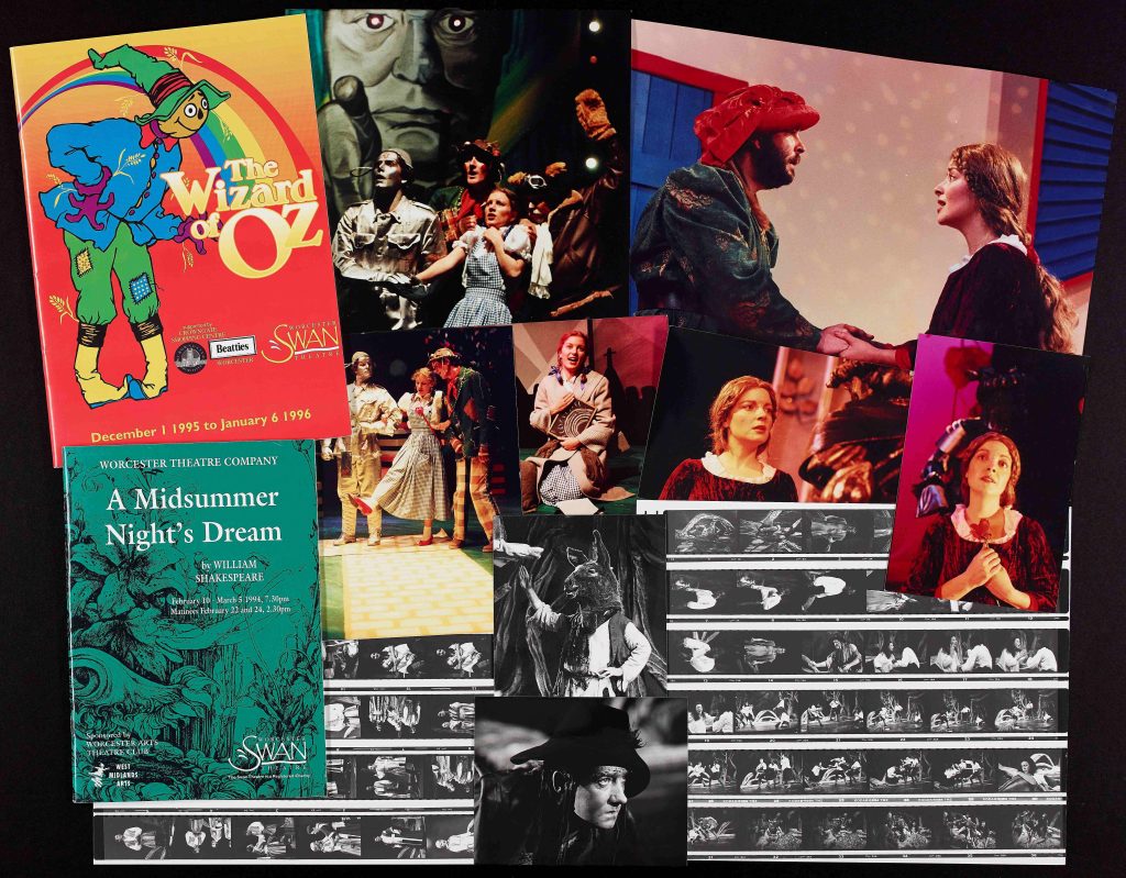 A photograph showing Swan Theatre programmes and contact sheets from the Wizard of Oz, Beauty and the Beast and A Midsummer Night’s Dream covering the period 1995-2000.