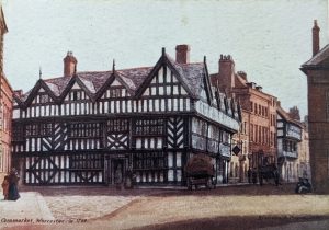 A postcard of Cornmarket, Worcester showing King Charles House which was painted by A. Phipson dated 1799