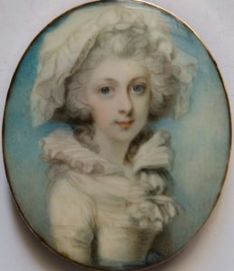 Portrait painting of a young woman in white clothes with blue background