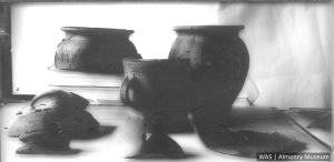 Black and white image showing Roman pottery from the 1930s excavations.