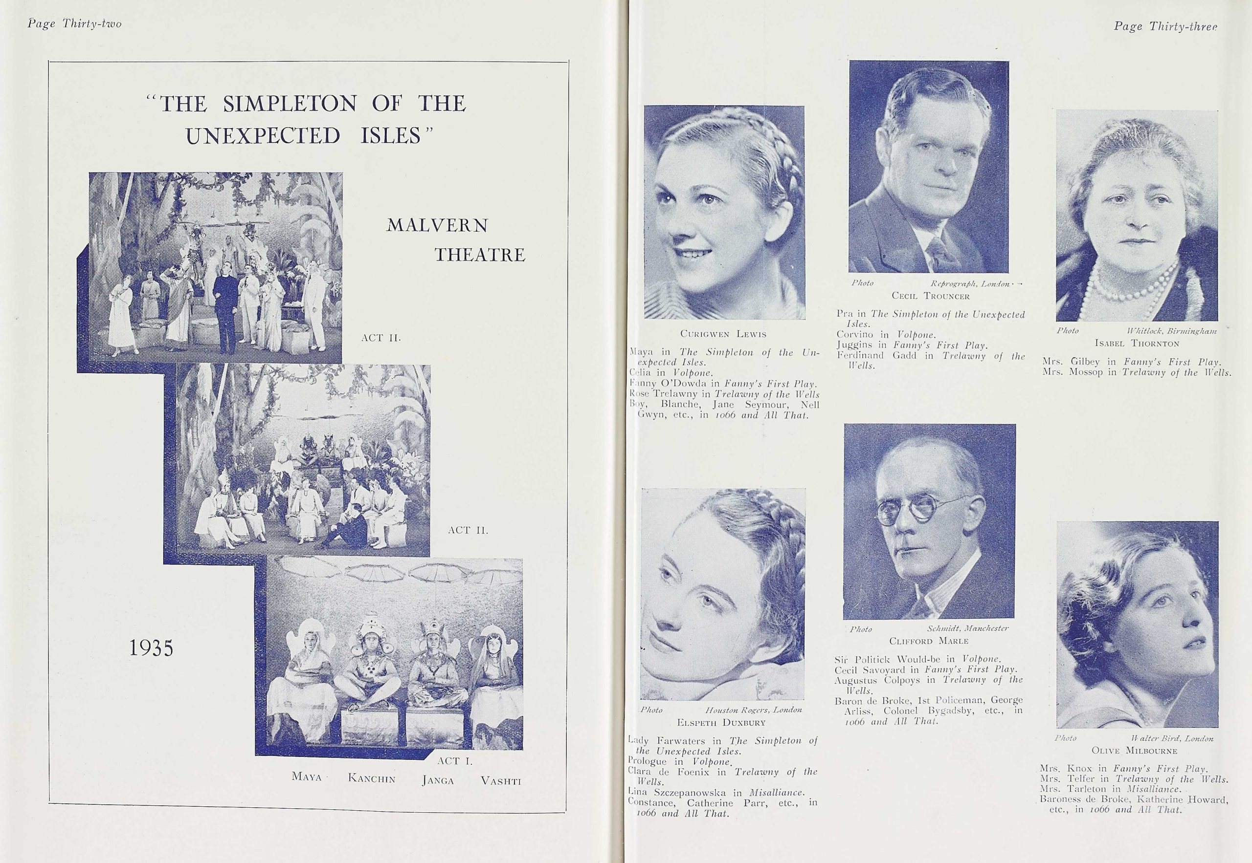 A page showing actors featured in the Malvern Festival taken from the Malvern Festival Programme of 1935