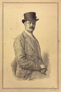 Engraving on a light brown background of a portrait of a man in a top hat and suit with a moustache