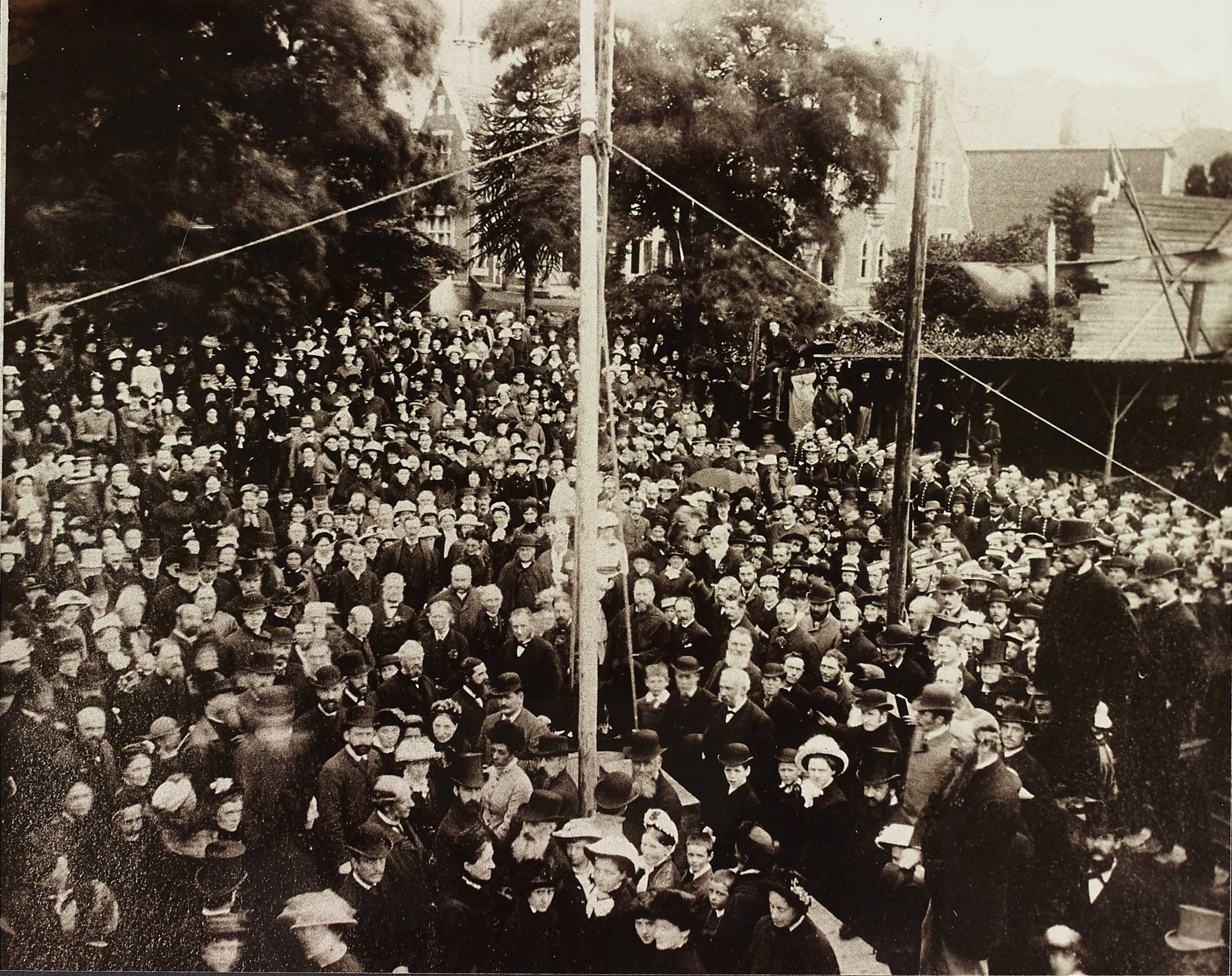 Hundreds of people stood outside the future site of the Assembly Rooms, Malvern as the first stone is laid in 1884