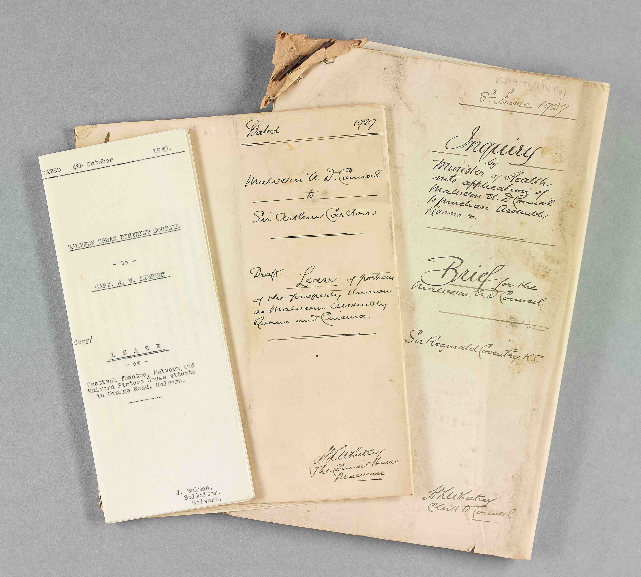 Three paper documents which summarise the application of the purchase of the Assembly Rooms, Malvern by the Malvern Urban District Council and the leaseholder of the Theatre and Cinema Capt. Roy Limbert of the Company, Ad-Visers