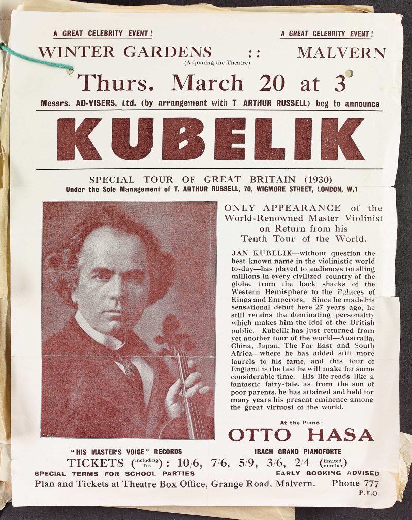 Poster of World-renowned violinist Kubelik visiting Malvern's Winter Gardens on 20th March 1930