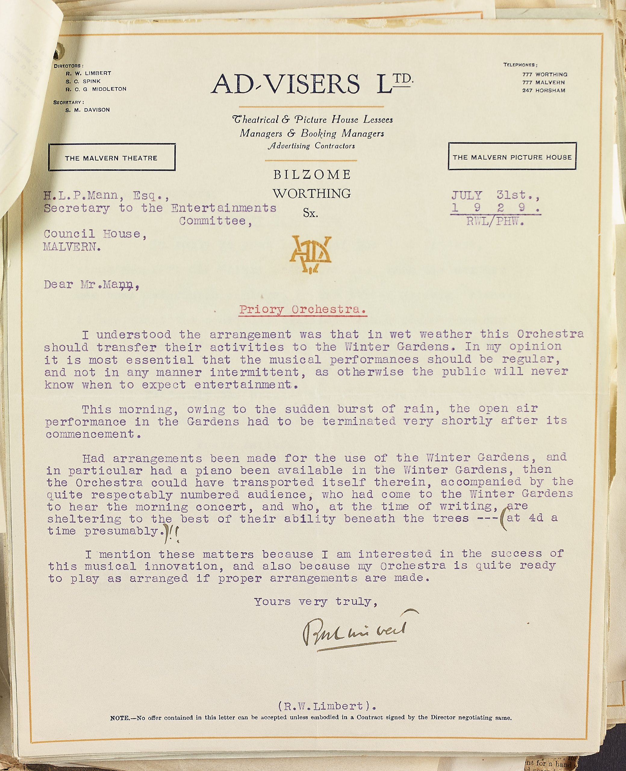 Letter from Capt. Roy Limbert to Malvern Urban District Council raising the issue of the Priory Orchestra being unable to play during wet weather dated July, 1929