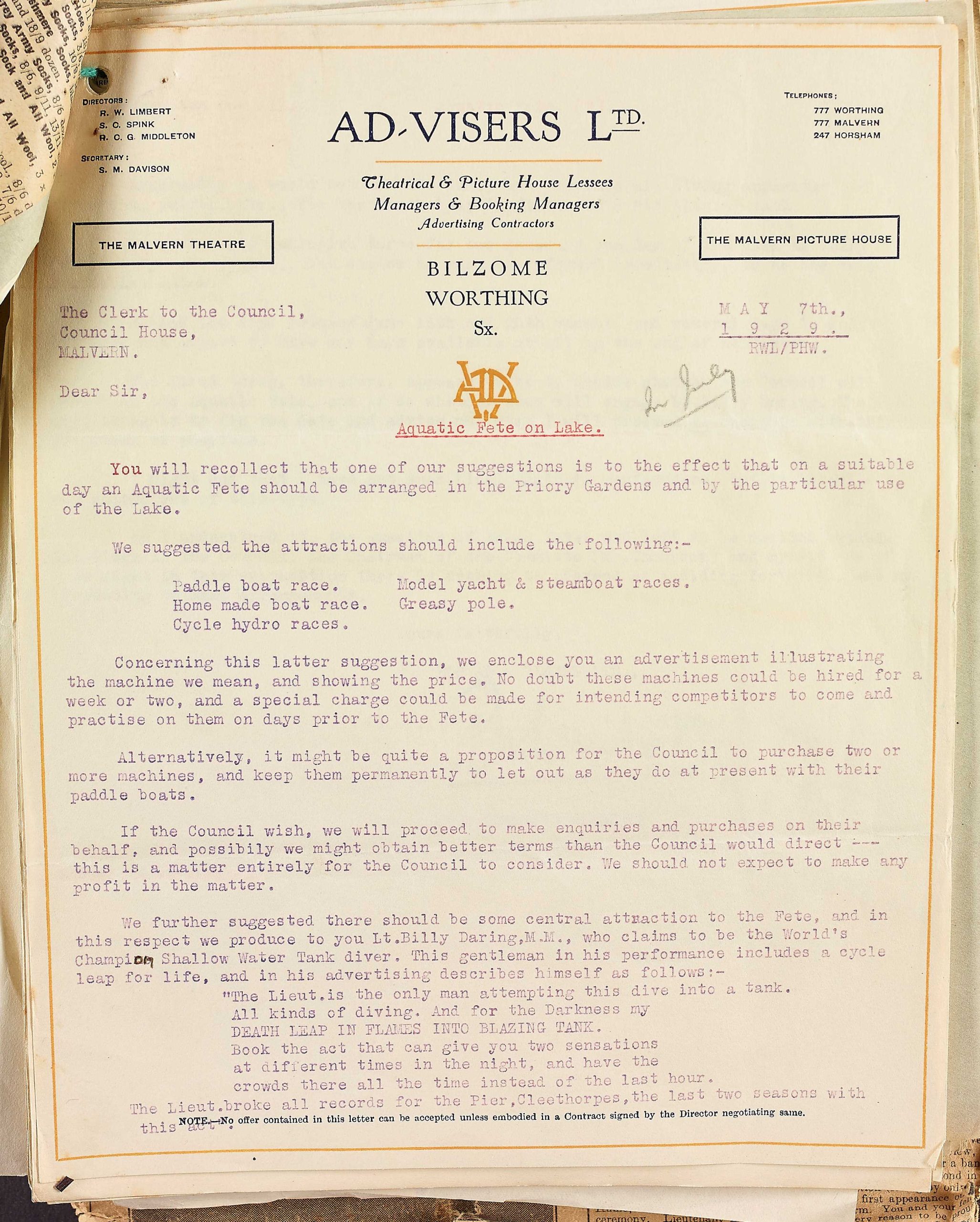 Letter from Capt. Roy Limbert to Malvern Urban District Council describing the activities available for an Aquatic Fete in Priory Park dated May 1929