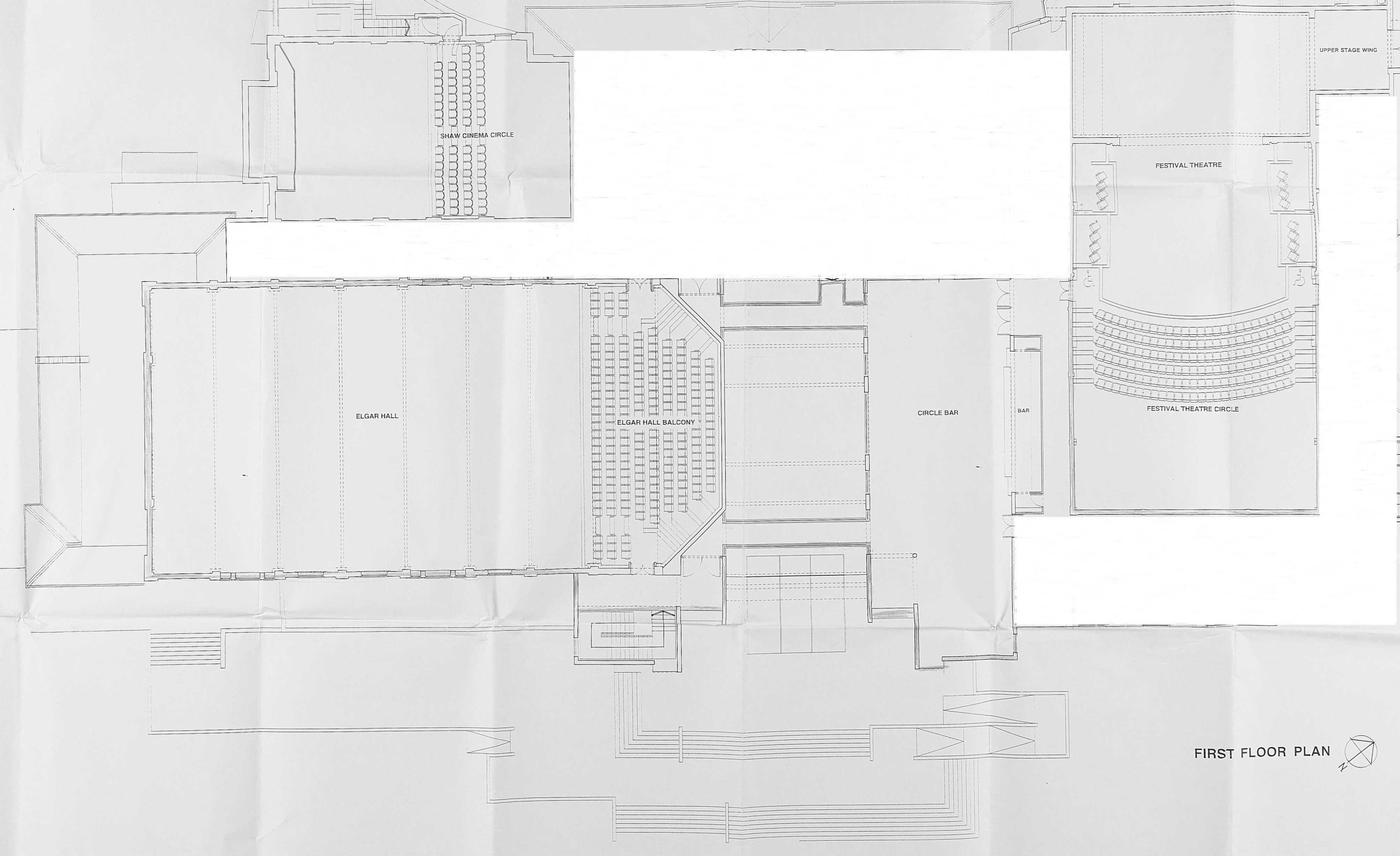 Licensing plan for the Festival Theatre, Elgar Hall and Cinema for the 1997 redevelopment of the Malvern Festival Theatre (now Malvern Theatres)