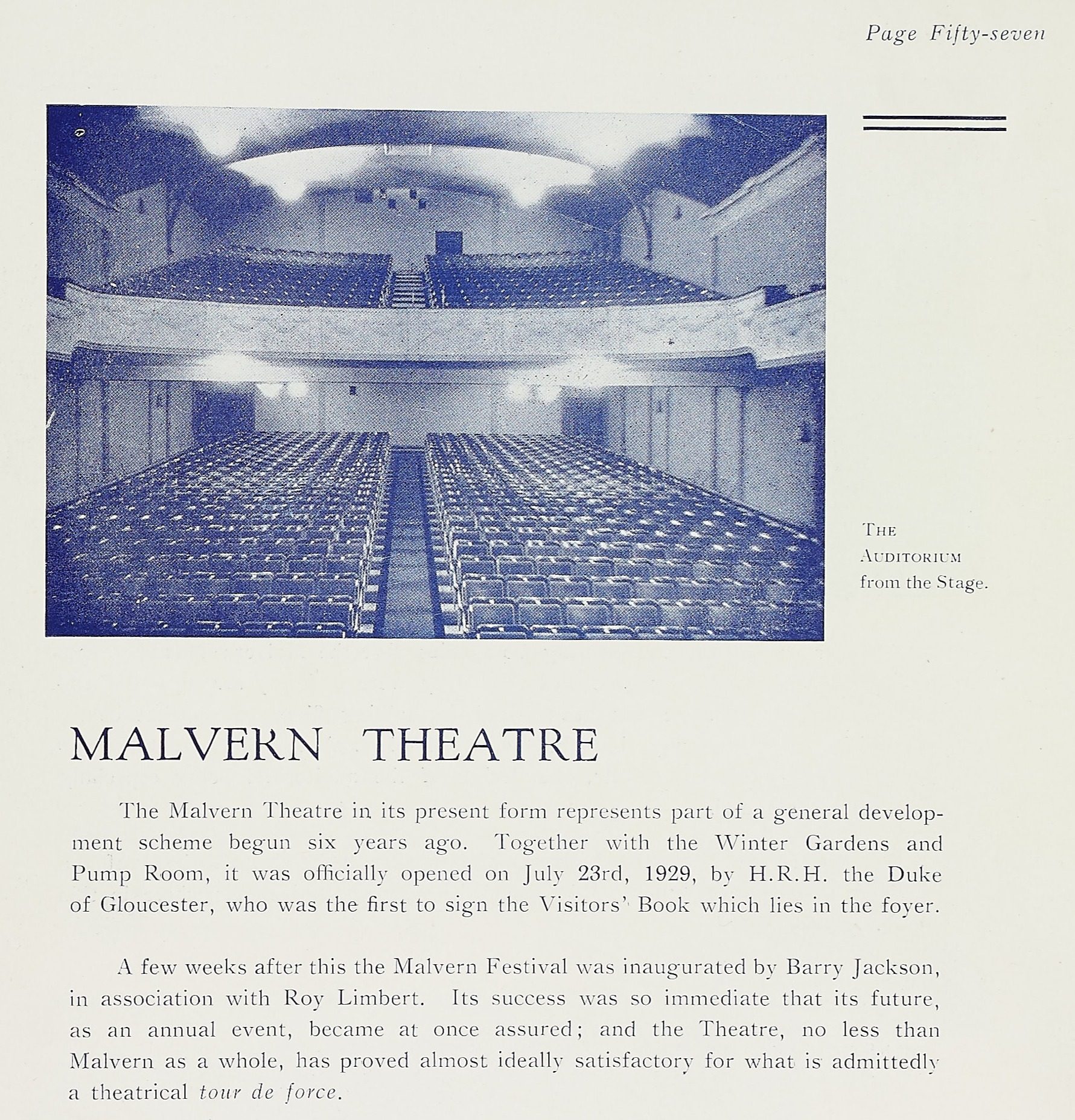 A page from the Malvern Festival Programme of 1935 which shows the Malvern Theatre with a description of the venue