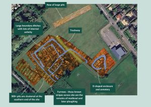 Aerial photo of Site annotated to show key areas of Archaeology.