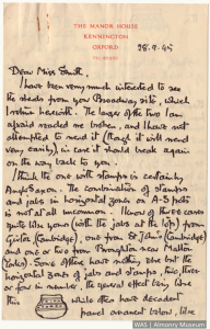 1945 letter from archaeologist JNL Myres to Miss Smith about dating pottery found at Milestone Ground